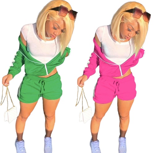 Women Full Sleeve Zipper Tops Shorts Fitness Two Pieces Sets QZX-6189