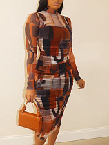 Women's Printed O-neck Long-sleeved High Waist Bodycon Dress TB-5242 Women's Printed O-neck Long-sleeved High Waist Bodycon Dress TB-5242