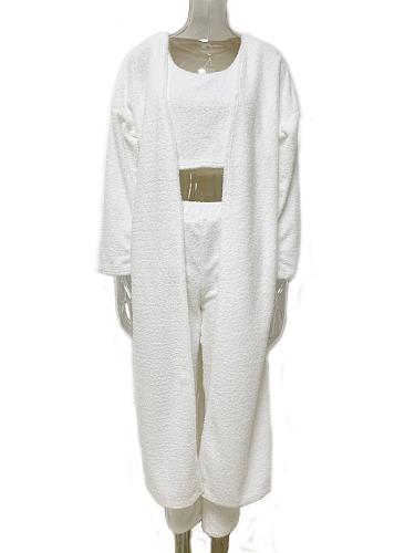 Women Plush Solid Long Sleeve Cardigan Tank Top Pants 3 Pieces RS-0030