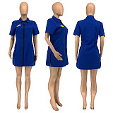 Women's Short Sleeve Lapel Front Zipper Irregularly Slit Dress GLS-8122