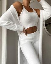 Women Plush Solid Long Sleeve Cardigan Tank Top Pants 3 Pieces RS-0030