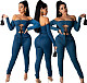 Women Off Shoulder Long Sleeve Hollow Out Lace Up Jumpsuit LA-3246