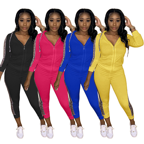 Long Sleeve Zipper Hooded Top Leggings Two Piece Pants Outfit NK-8583