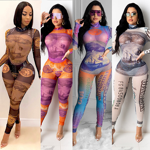 Streetwear Dollar Print Mesh Spliced Long Sleeve Slim Jumpsuit CHY-1287