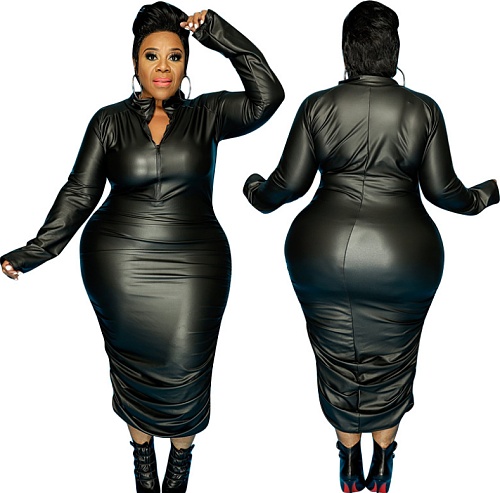 Plus Size Solid Color Long Sleeve Front Zipper Bodycon Dress OSS-21043