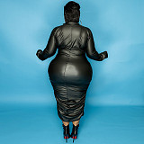Plus Size Solid Color Long Sleeve Front Zipper Bodycon Dress OSS-21043