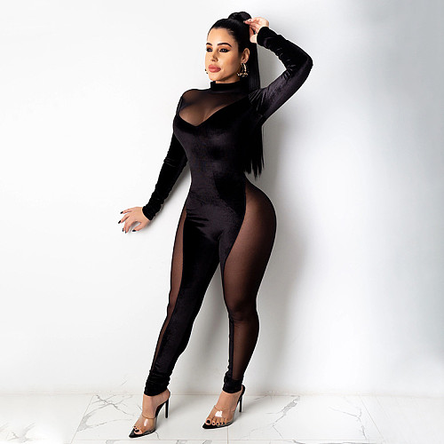 Sexy Mesh Sheer Splice Velvet Long Sleeve Bodycon Jumpsuit YF-9788