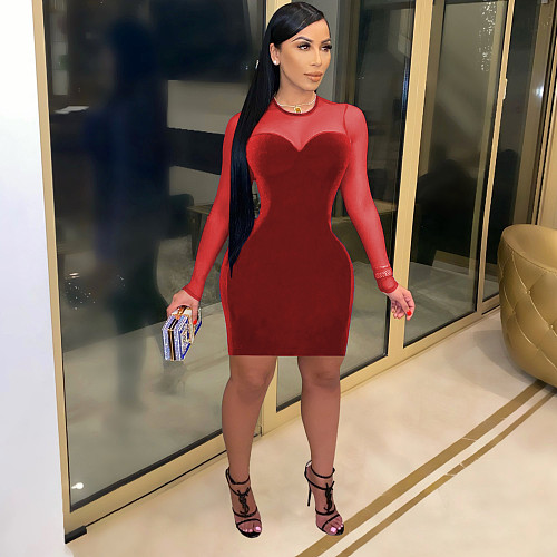 Korean Velvet Mesh Splicing Long Sleeve Round Neck Dress ML-7416