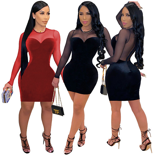 Korean Velvet Mesh Splicing Long Sleeve Round Neck Dress ML-7416