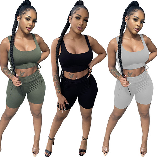 Sexy Solid Color Vest With Rope Shorts Women's Two-Piece Set WY-6720