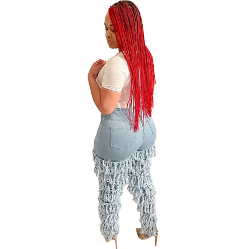 Women Multilayer Stacked Tassel Stretch Mid-waist Jeans LA-3255