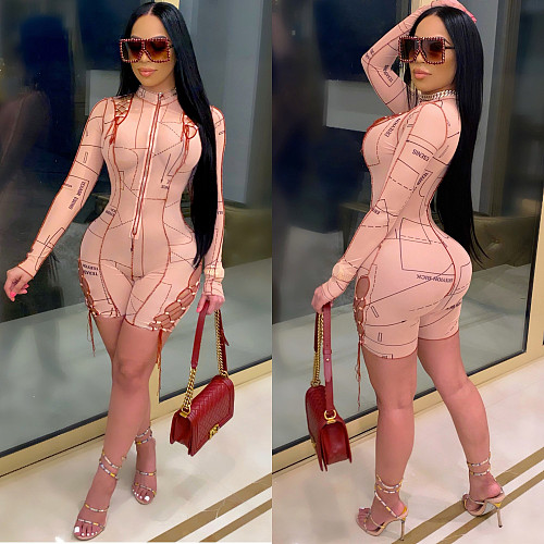 Women's Printed Long-sleeved Side Strap Bodycon Romper ML-7421