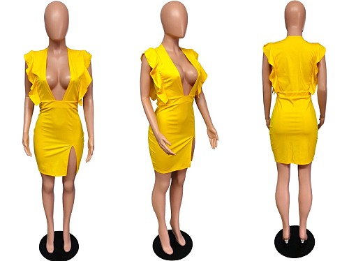 Solid Color Flounces Deep V Neck Sleeveless Slit Mini Dress QZX-6191