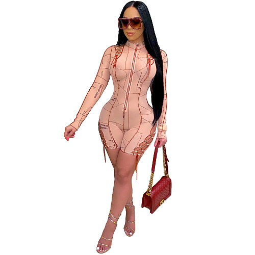 Women's Printed Long-sleeved Side Strap Bodycon Romper ML-7421