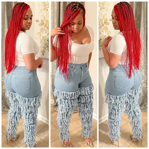Women Multilayer Stacked Tassel Stretch Mid-waist Jeans LA-3255