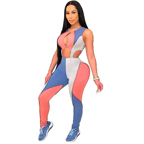Women's Color Block Stitching Sleeveless Cutout Jumpsuit MDF-5210