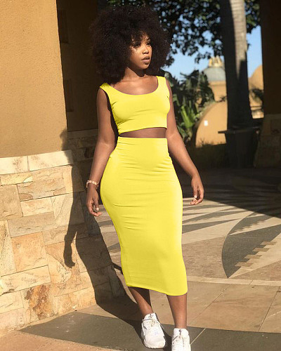 Solid Color Sleeveless Cropped Vest+Skirt Sexy 2 Piece Set LP-6269