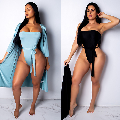 Solid Color Monokini Bodysuit+Thin Coat 2 Piece Swimwear BN-9153