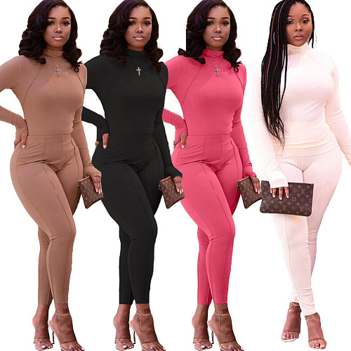 Solid Color Casual Long Sleeve Fitness Tops Leggings 2 Piece Suit LM-8217