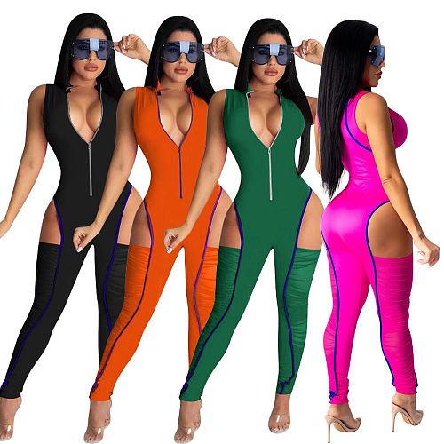 Sexy Hollow Out Front Zipper Sleeveless Bodycon Jumpsuit MEM-8331