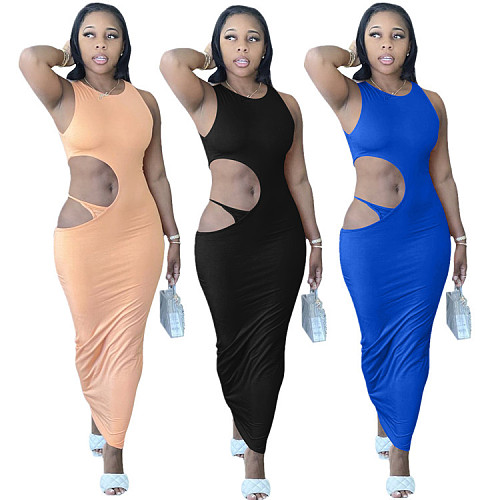 Sexy Solid Color Sleeveless Irregular Hollow Out Skinny Dress LP-6271