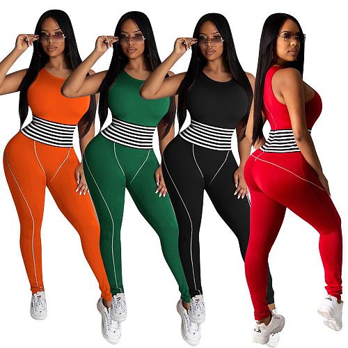 Women Sleeveless Round Neck Skinny Fitness Jogging Jumpsuit MEM-8332