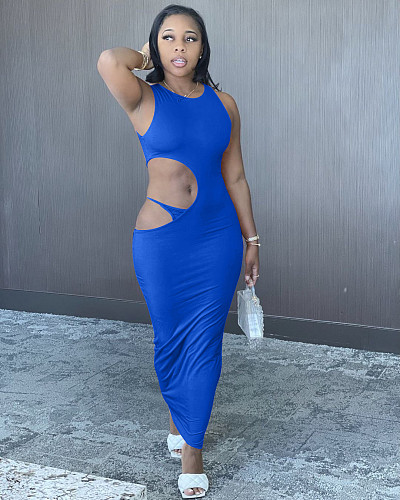 Sexy Solid Color Sleeveless Irregular Hollow Out Skinny Dress LP-6271