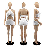 Women Halter Neck Backless Top Skinny Shorts Two Piece Set DD-8077