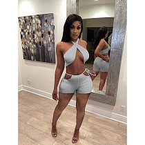 Women Halter Neck Backless Top Skinny Shorts Two Piece Set DD-8077