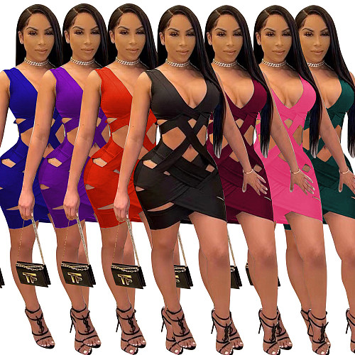 Solid Color Hollow-out Skinny Asymmetrical Sleeveless Dress RS-9041