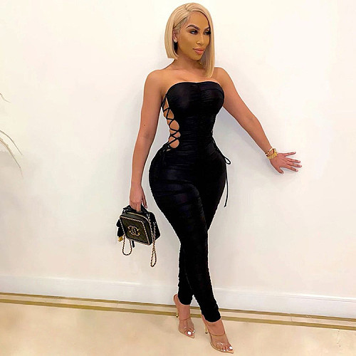 Womens Solid Bodycon Sleeveless Night Club Lace-up Jumpsuit GLS-8124
