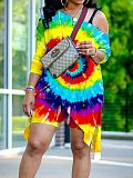 Fashion Tie-dyed Print Irregular Top Skinny Shorts 2 Piece Set NY-8922