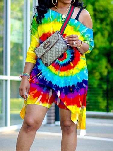 Fashion Tie-dyed Print Irregular Top Skinny Shorts 2 Piece Set NY-8922