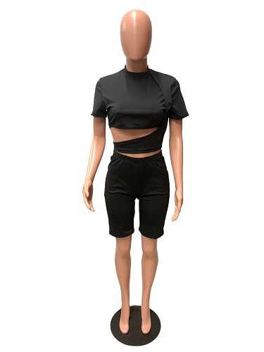 Solid Color Short Sleeve Crop Top Biker Shorts Two Piece Set QZX-6193