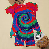 Fashion Tie-dyed Print Irregular Top Skinny Shorts 2 Piece Set NY-8922