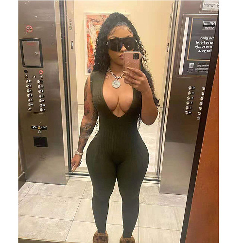 Ribbed Women Sleeveless Deep V-Neck Solid Bodycon Jumpsuit DY-6640