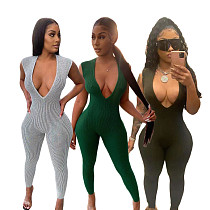 Ribbed Women Sleeveless Deep V-Neck Solid Bodycon Jumpsuit DY-6640