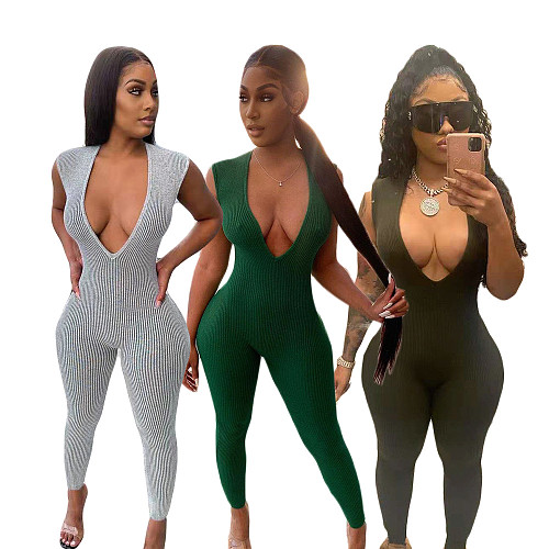 Ribbed Women Sleeveless Deep V-Neck Solid Bodycon Jumpsuit DY-6640