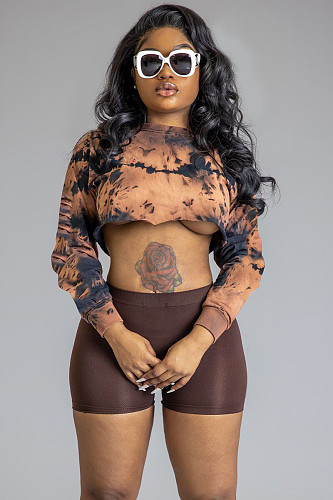 Vintage Print Slim Long Sleeves Crop Top Shorts 2 Piece Set LP-6272