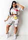 Casual Printed Short-sleeved Crop Top Shorts Two Piece Set BS-1249