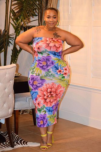 Elegant Flower Print Women Sleeveless Bodycon Midi Dress JLY-1865