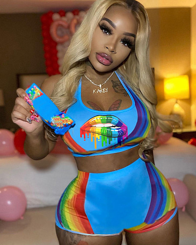Summer Gradient Lip Print Crop Top Bodycon Shorts 2 Piece Set NIYA-8039
