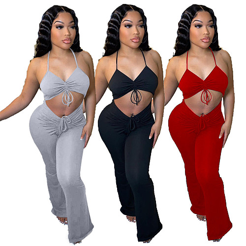 Solid Color Hollow Out Drawstring Lace Up Skinny Club Jumpsuit XY-9083