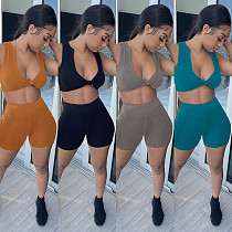 Sexy Low-cut Sleeveless Cropped Top Slim Shorts 2 Pieces GLS-8128