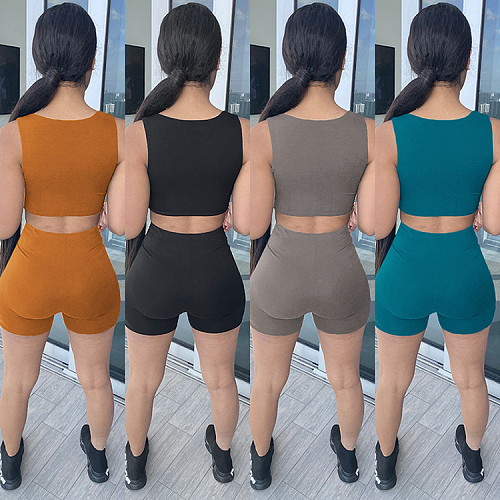 Sexy Low-cut Sleeveless Cropped Top Slim Shorts 2 Pieces GLS-8128