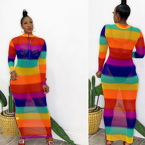 Rainbow Striped Print Patchwork Mesh Long Sleeve Dress OY-6253