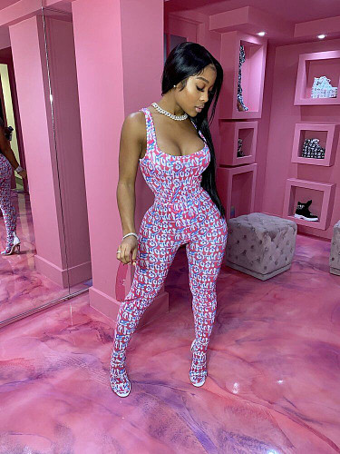 Sexy Yoga Sleeveless Print Mid-waist Skinny Jumpsuit MX-1180
