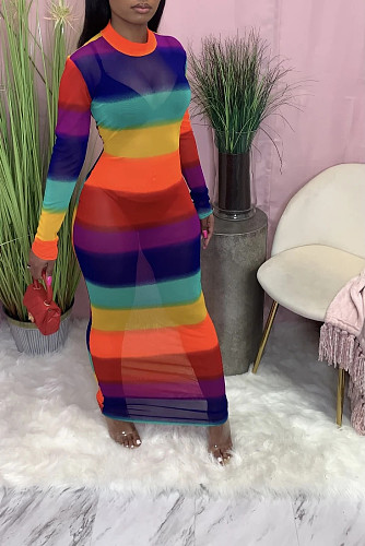 Rainbow Striped Print Patchwork Mesh Long Sleeve Dress OY-6253