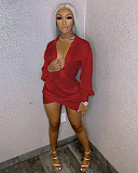 Irregular Long Sleeve Deep V Neck Night Club Shirt Mini Dress WSM-5225