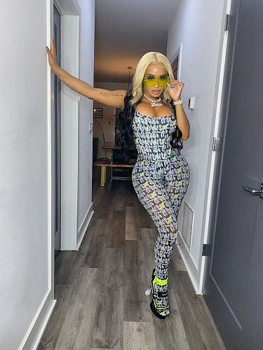 Sexy Yoga Sleeveless Print Mid-waist Skinny Jumpsuit MX-1180